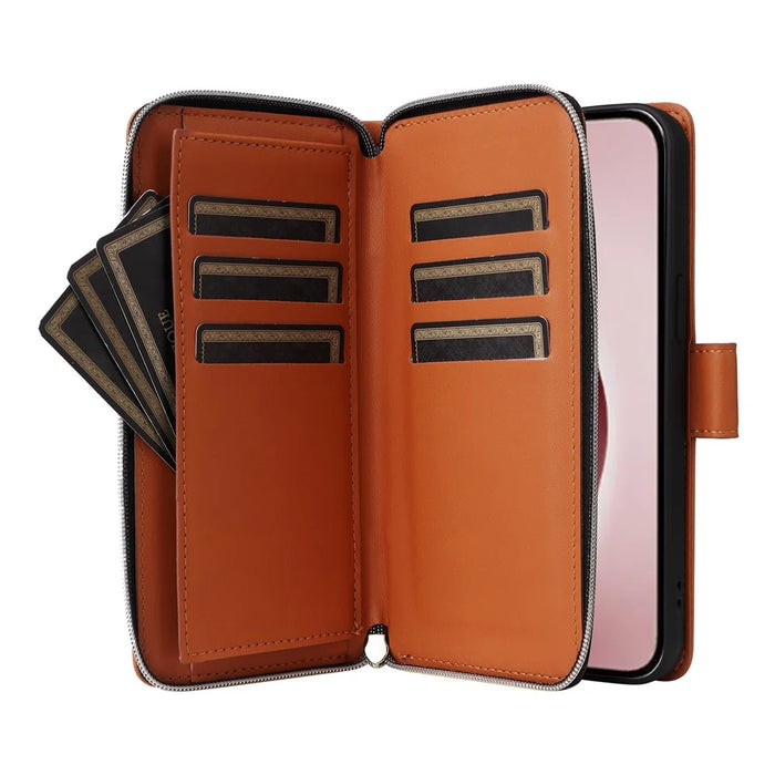 R20 For iPhone 16 Pro Max Case Zipper PU Leather Phone Cover with 9 Card Slots - Brown - 3