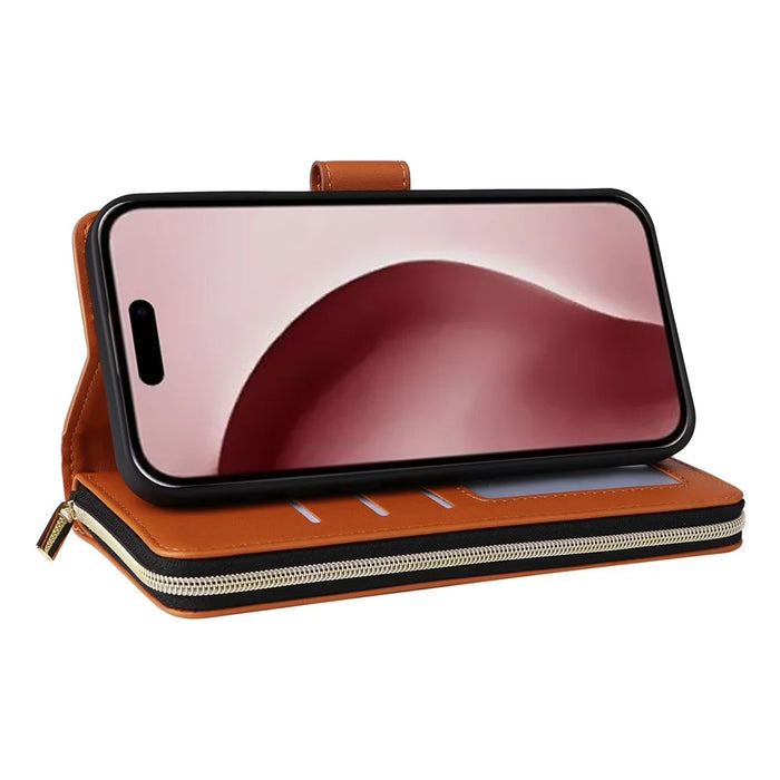 R20 For iPhone 16 Pro Max Case Zipper PU Leather Phone Cover with 9 Card Slots - Brown - 4