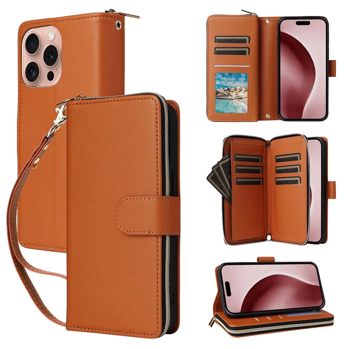 R20 For iPhone 16 Pro Max Case Zipper PU Leather Phone Cover with 9 Card Slots - Brown - 5