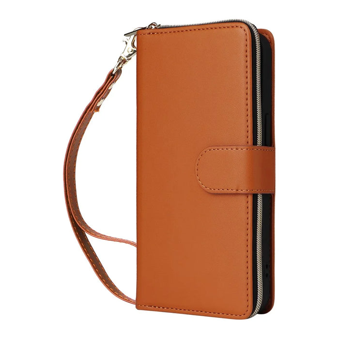 R20 For iPhone 16 Pro Max Case Zipper PU Leather Phone Cover with 9 Card Slots - Brown - 6