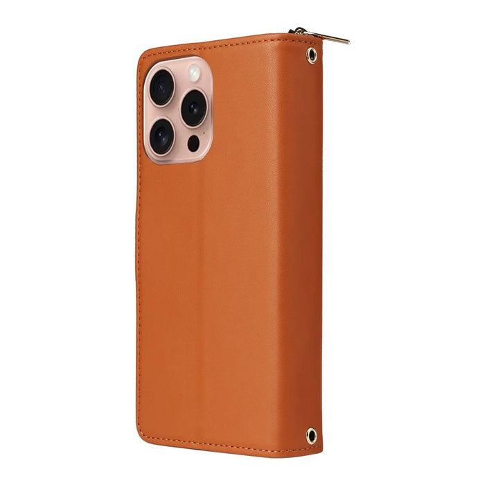 R20 For iPhone 16 Pro Max Case Zipper PU Leather Phone Cover with 9 Card Slots - Brown - 7