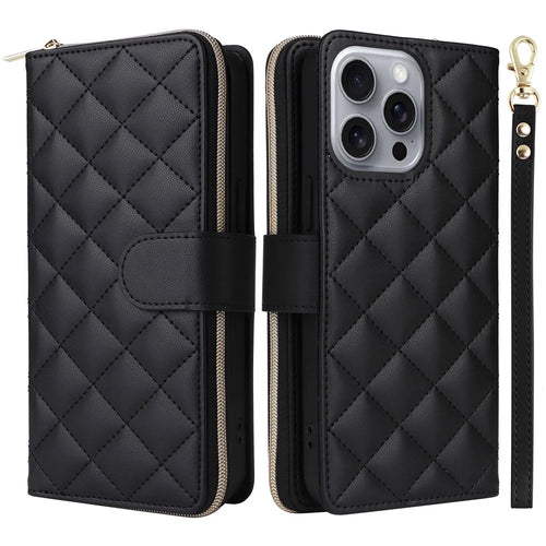 For iPhone 16 Pro Case Zipper Wallet PU Leather Rhombus Phone Cover with 2 Straps - Black - 1