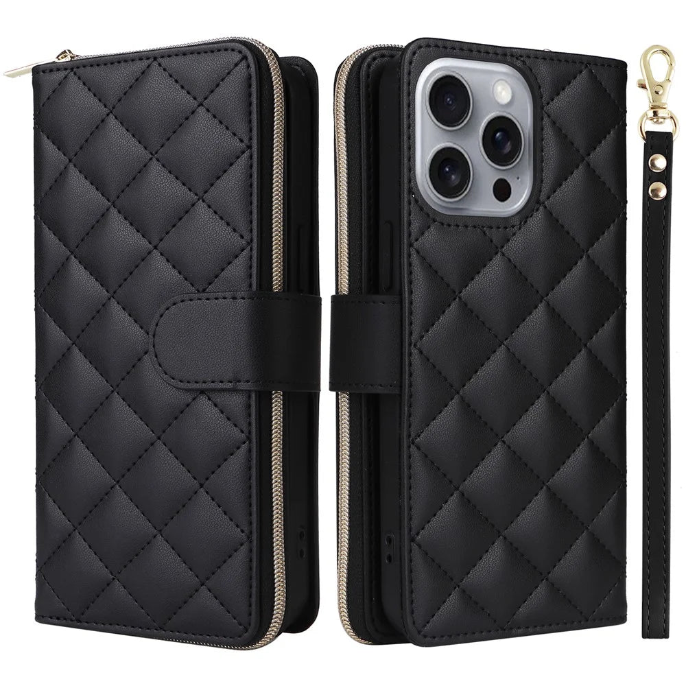 For iPhone 16 Pro Case Zipper Wallet PU Leather Rhombus Phone Cover with 2 Straps - Black - 1