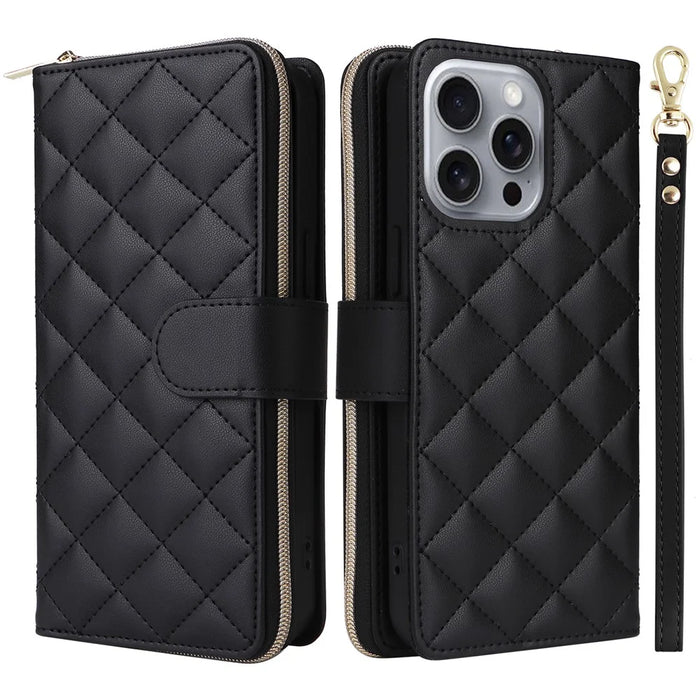 For iPhone 16 Pro Case Zipper Wallet PU Leather Rhombus Phone Cover with 2 Straps - Black - 1