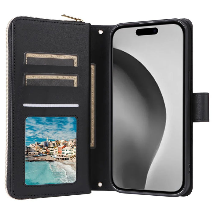 For iPhone 16 Pro Case Zipper Wallet PU Leather Rhombus Phone Cover with 2 Straps - Black - 2