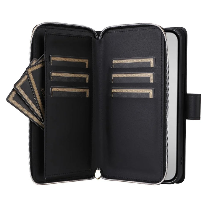 For iPhone 16 Pro Case Zipper Wallet PU Leather Rhombus Phone Cover with 2 Straps - Black - 3