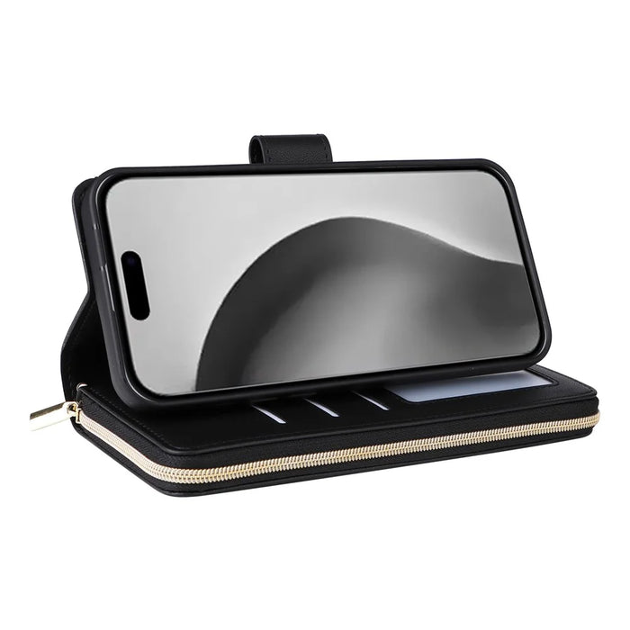 For iPhone 16 Pro Case Zipper Wallet PU Leather Rhombus Phone Cover with 2 Straps - Black - 4
