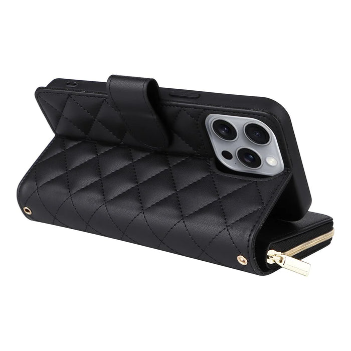 For iPhone 16 Pro Case Zipper Wallet PU Leather Rhombus Phone Cover with 2 Straps - Black - 5