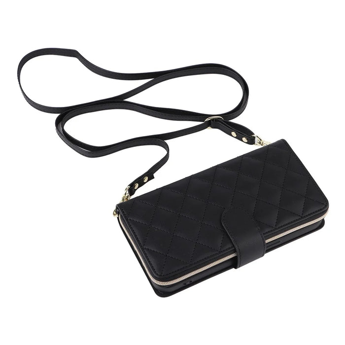 For iPhone 16 Pro Case Zipper Wallet PU Leather Rhombus Phone Cover with 2 Straps - Black - 6