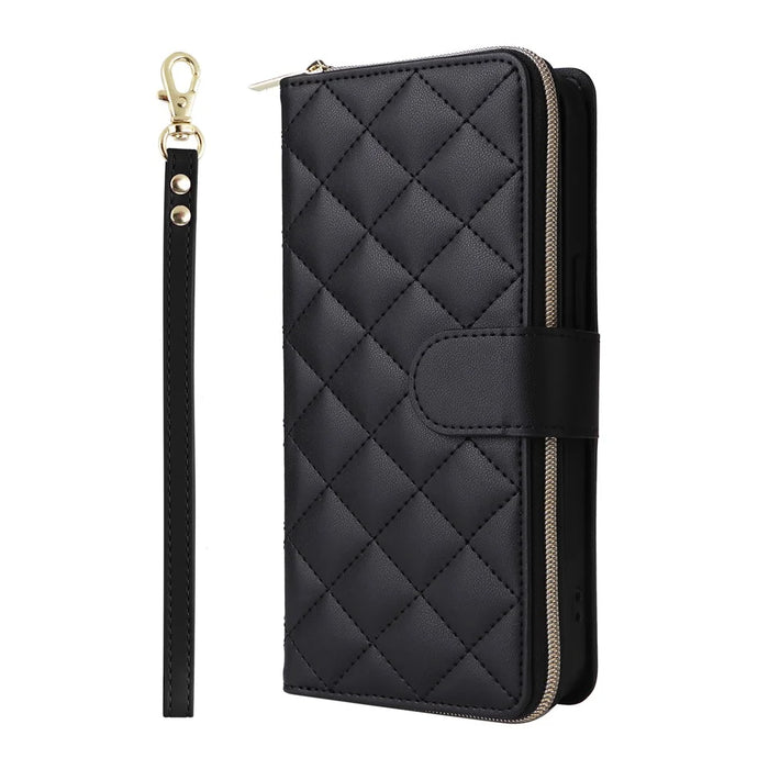 For iPhone 16 Pro Case Zipper Wallet PU Leather Rhombus Phone Cover with 2 Straps - Black - 7