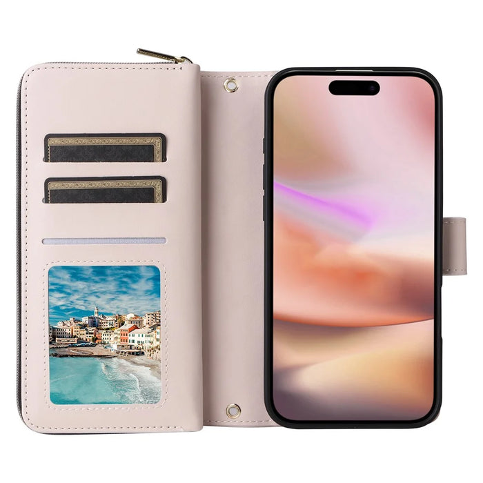 For iPhone 16 Leather Case Zipper Wallet Phone Bag with Shoulder Strap and Hand Strap - Beige - 2