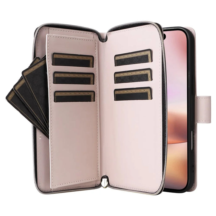 For iPhone 16 Leather Case Zipper Wallet Phone Bag with Shoulder Strap and Hand Strap - Beige - 3