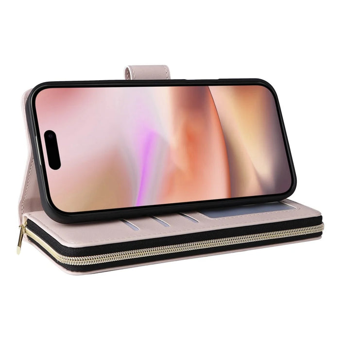 For iPhone 16 Leather Case Zipper Wallet Phone Bag with Shoulder Strap and Hand Strap - Beige - 4