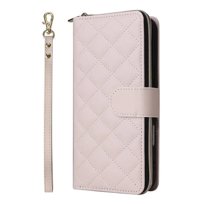 For iPhone 16 Leather Case Zipper Wallet Phone Bag with Shoulder Strap and Hand Strap - Beige - 7
