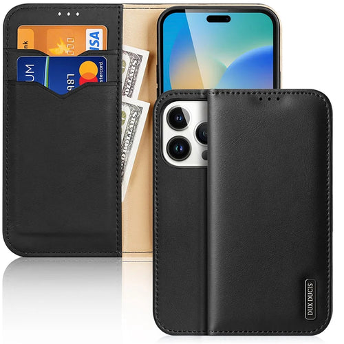 DUX DUCIS Hivo Series Phone Case for iPhone 14 Pro Full Protection Genuine Leather Folio Flip Wallet Cover Stand RFID Blocking Shell - Black - 1