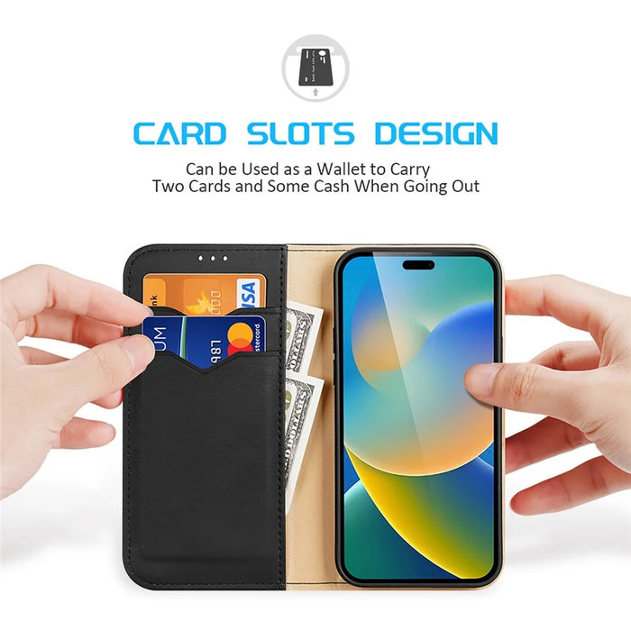 DUX DUCIS Hivo Series Phone Case for iPhone 14 Pro Full Protection Genuine Leather Folio Flip Wallet Cover Stand RFID Blocking Shell - Black - 2