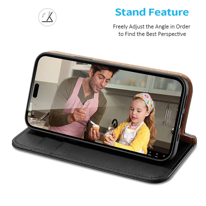 DUX DUCIS Hivo Series Phone Case for iPhone 14 Pro Full Protection Genuine Leather Folio Flip Wallet Cover Stand RFID Blocking Shell - Black - 3