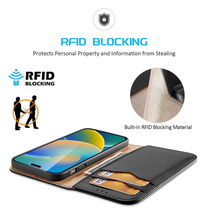 DUX DUCIS Hivo Series Phone Case for iPhone 14 Pro Full Protection Genuine Leather Folio Flip Wallet Cover Stand RFID Blocking Shell - Black - 4