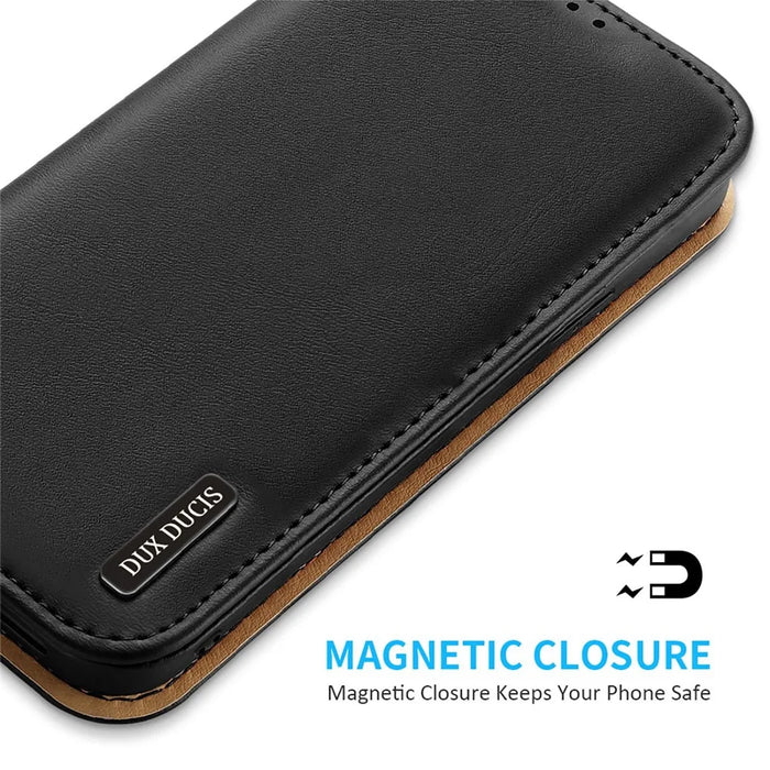 DUX DUCIS Hivo Series Phone Case for iPhone 14 Pro Full Protection Genuine Leather Folio Flip Wallet Cover Stand RFID Blocking Shell - Black - 6