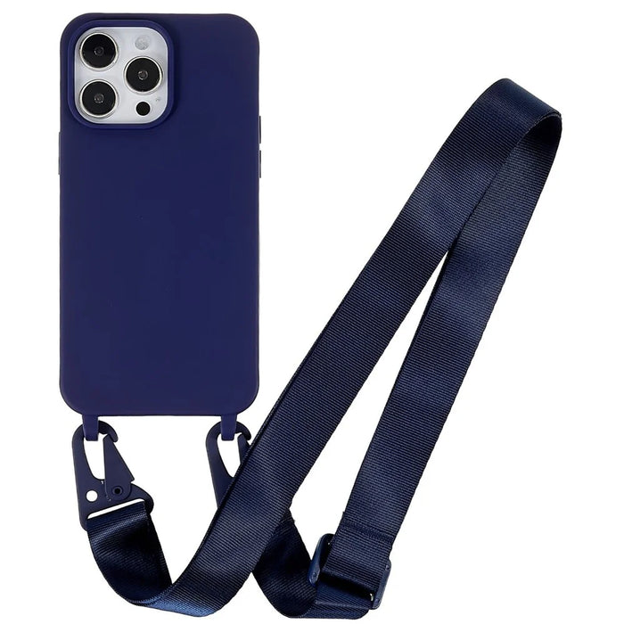 For iPhone 16 Pro Max Case Matte TPU Cell Phone Cover Adjustable Neck Cord Strap - Dark Blue - 1