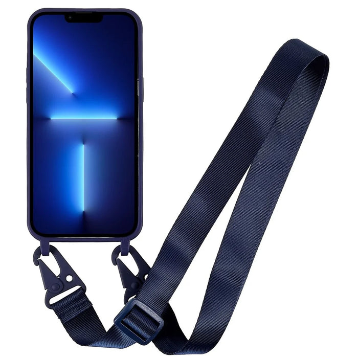For iPhone 16 Pro Max Case Matte TPU Cell Phone Cover Adjustable Neck Cord Strap - Dark Blue - 2