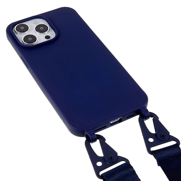 For iPhone 16 Pro Max Case Matte TPU Cell Phone Cover Adjustable Neck Cord Strap - Dark Blue - 3