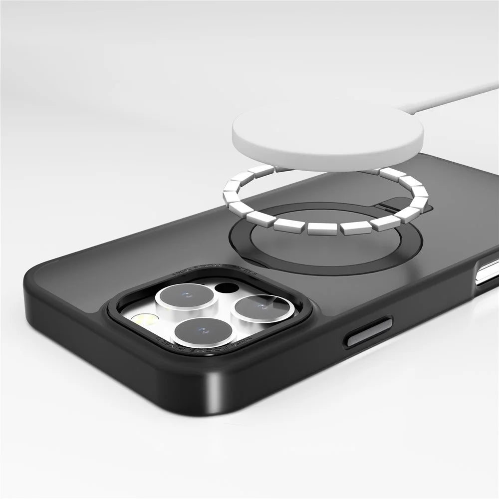 For iPhone 16 Pro Magnetic Case Frosted Anti-Fingerprint TPU+PC Phone Cover Ring Kickstand Holder - Black - 3
