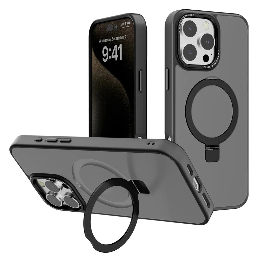 For iPhone 16 Pro Max Case Magnetic Kickstand TPU+PC Phone Cover Matte Translucent - Black - 1