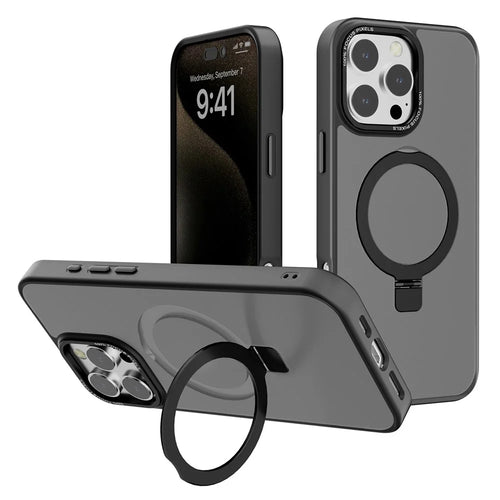 For iPhone 16 Pro Max Case Magnetic Kickstand TPU+PC Phone Cover Matte Translucent - Black - 1