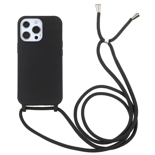 For iPhone 16 Pro Crossbody Case Soft TPU Phone Cover with Adjustable Lanyard - Black - 1