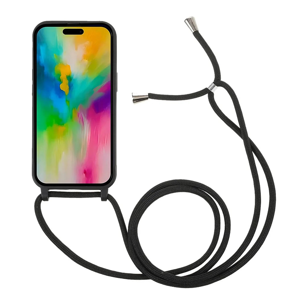 For iPhone 16 Pro Crossbody Case Soft TPU Phone Cover with Adjustable Lanyard - Black - 2