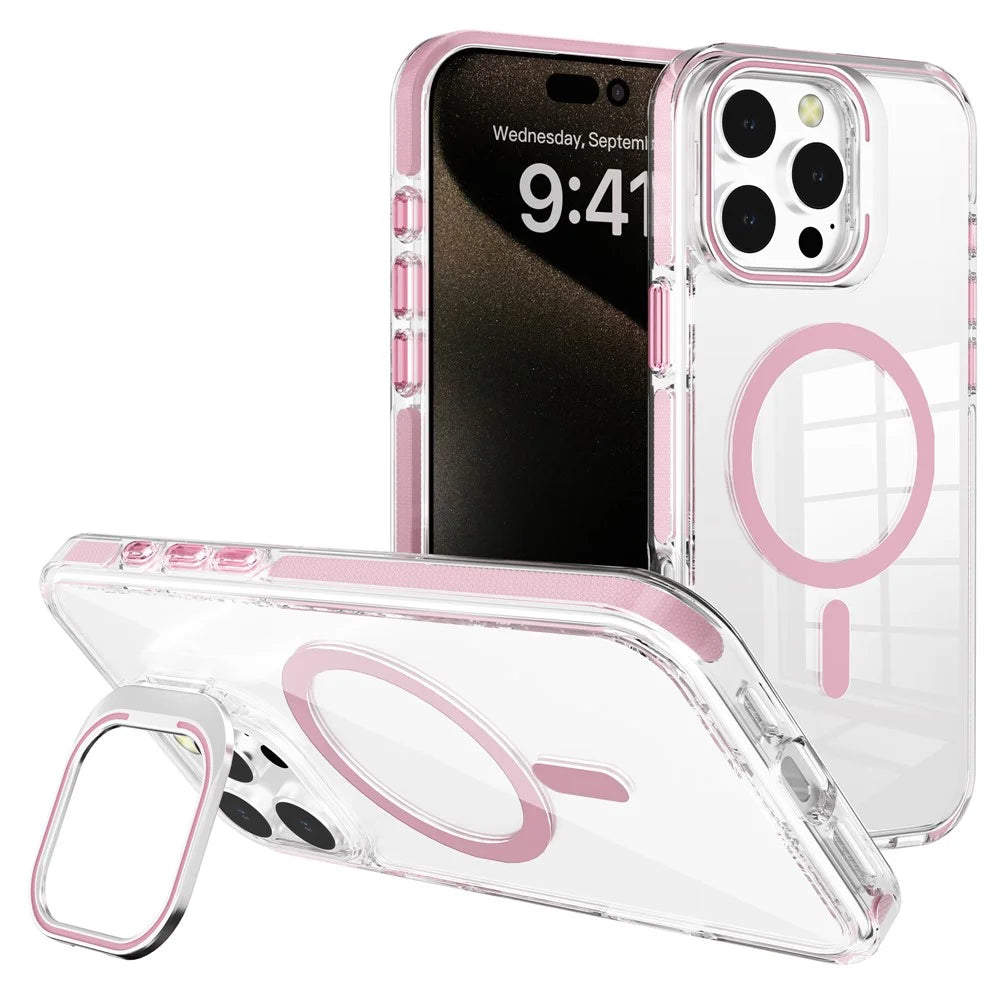 J2 Series For iPhone 16 Pro Case Compatible with MagSafe TPU+PC Clear Phone Cover Built-In Kickstand - Pink - 1