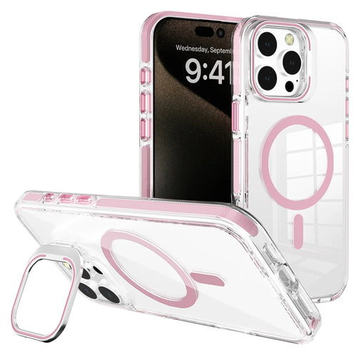 J2 Series For iPhone 16 Pro Case Compatible with MagSafe TPU+PC Clear Phone Cover Built-In Kickstand - Pink - 1