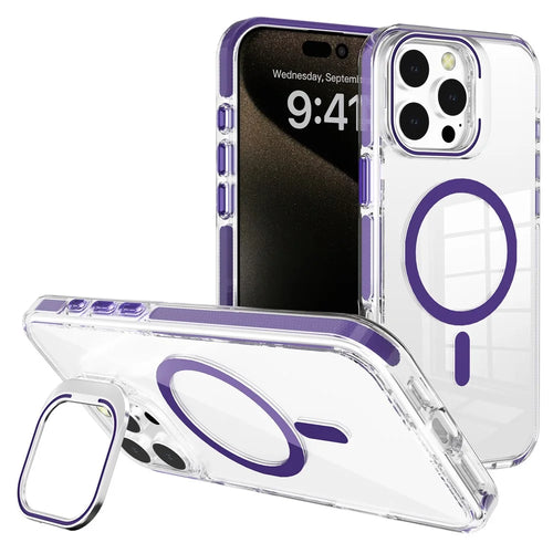 J2 Series For iPhone 16 Pro Max Magnetic Case Lens Kickstand TPU+PC Transparent Phone Cover - Dark Purple - 1