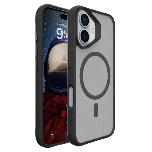 For iPhone 16 Magnetic Case Carbon Fiber Texture TPU+PC Phone Cover Compatible with MagSafe - Black - 1
