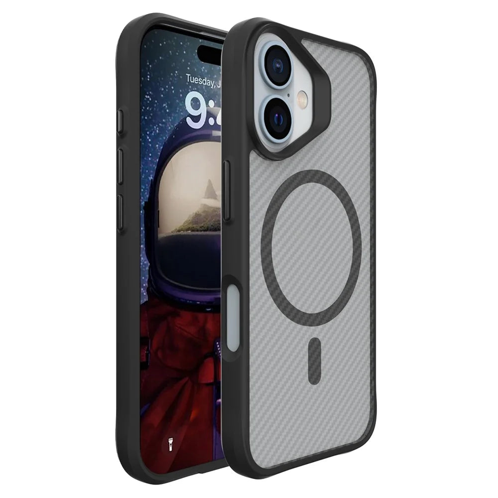 For iPhone 16 Magnetic Case Carbon Fiber Texture TPU+PC Phone Cover Compatible with MagSafe - Black - 1