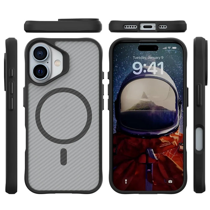 For iPhone 16 Magnetic Case Carbon Fiber Texture TPU+PC Phone Cover Compatible with MagSafe - Black - 3
