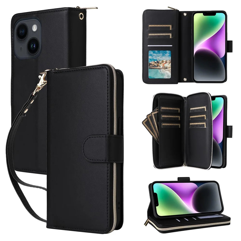R20 For iPhone 14 / 13 Case Zipper Pocket Leather Phone Cover Stand View - Black - 1