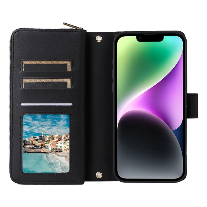 R20 For iPhone 14 / 13 Case Zipper Pocket Leather Phone Cover Stand View - Black - 2