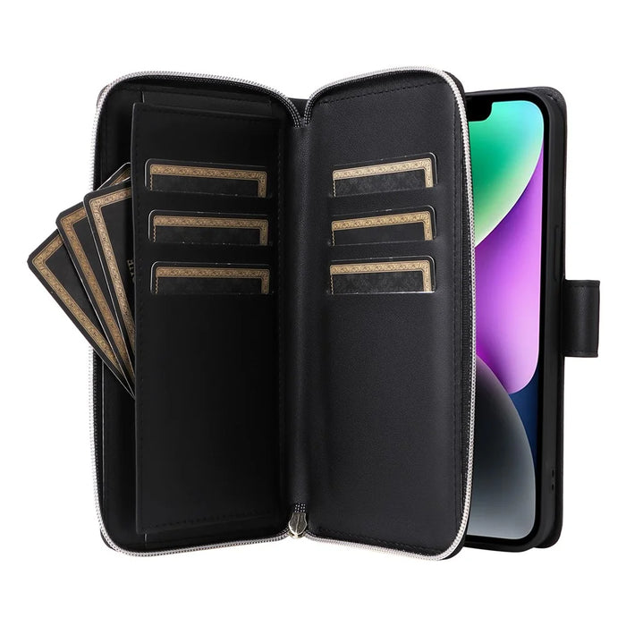 R20 For iPhone 14 / 13 Case Zipper Pocket Leather Phone Cover Stand View - Black - 3