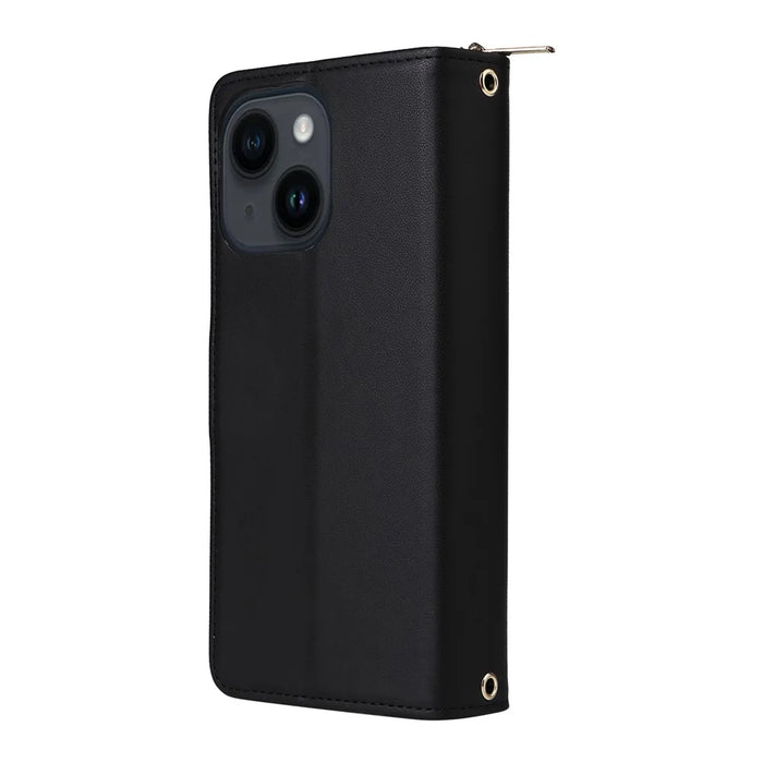 R20 For iPhone 14 / 13 Case Zipper Pocket Leather Phone Cover Stand View - Black - 7