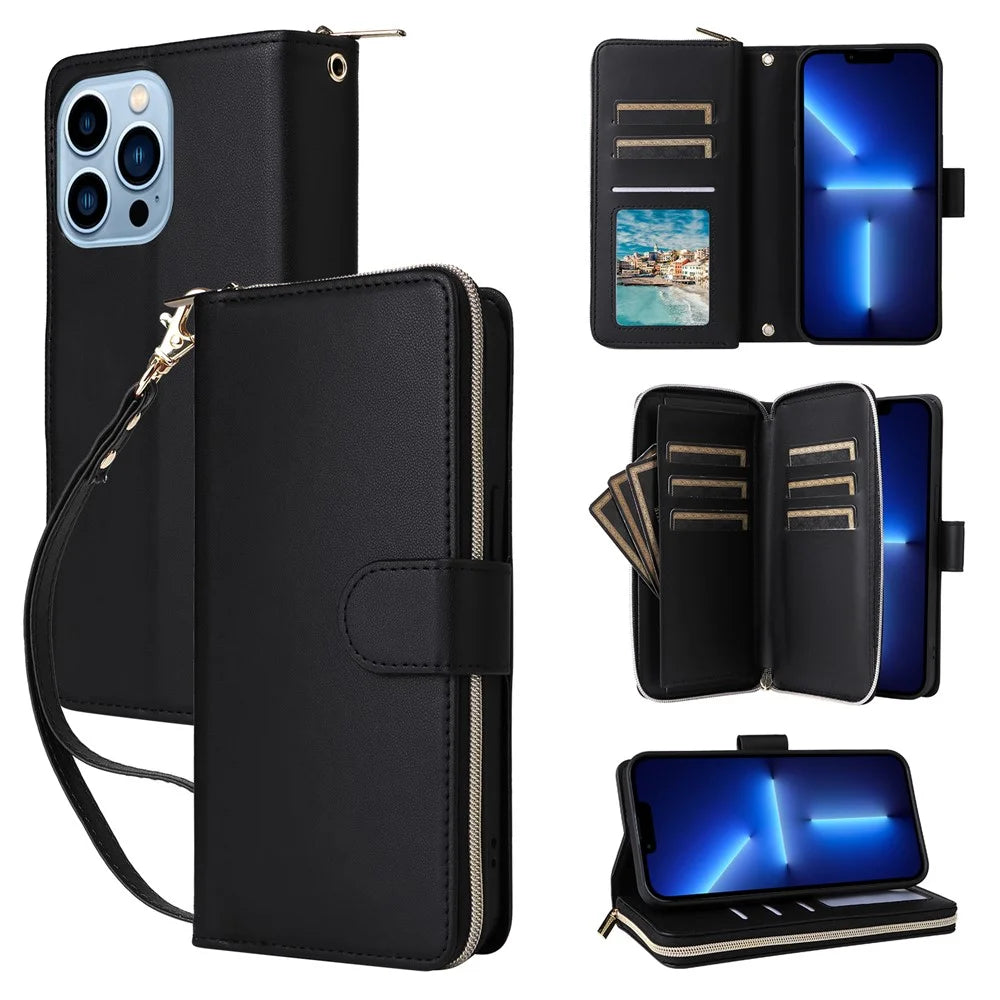 R20 For iPhone 13 Pro Max Case Zipper Wallet Phone Leather Cover with Hand Strap - Black - 1