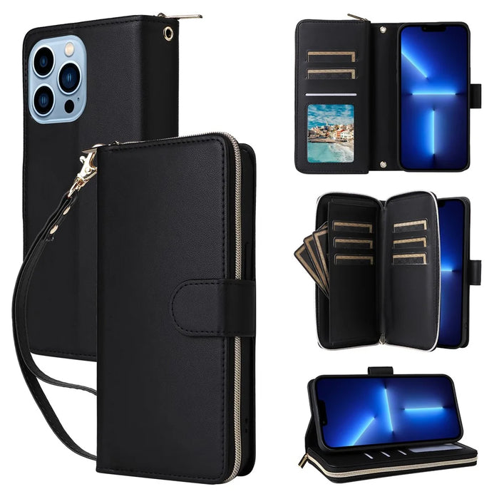 R20 For iPhone 13 Pro Max Case Zipper Wallet Phone Leather Cover with Hand Strap - Black - 1