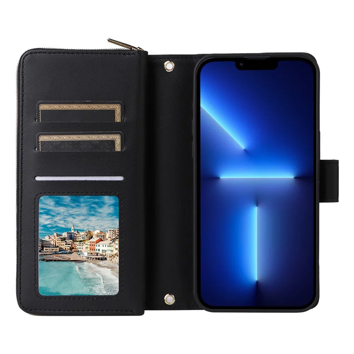 R20 For iPhone 13 Pro Max Case Zipper Wallet Phone Leather Cover with Hand Strap - Black - 2