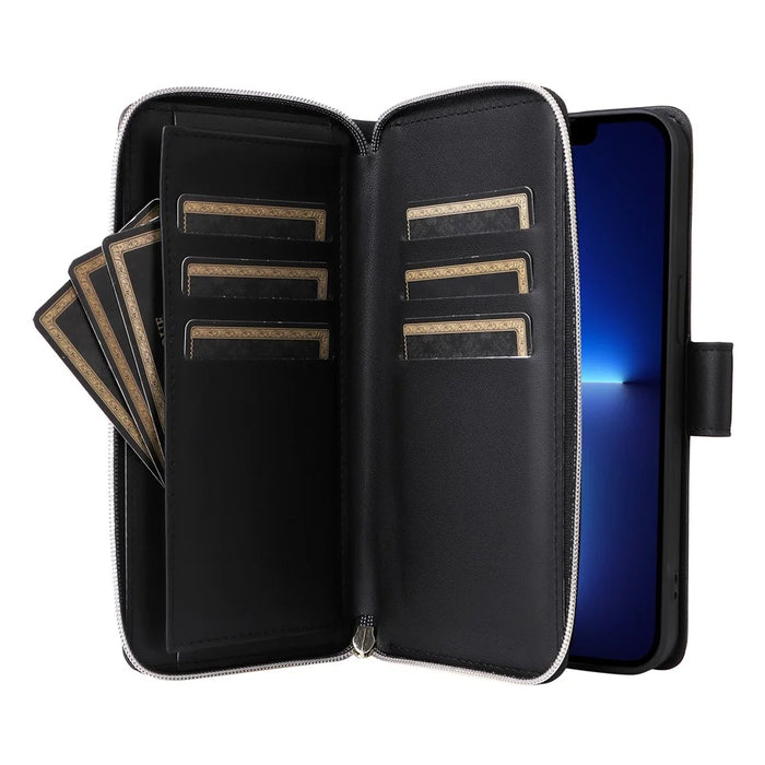 R20 For iPhone 13 Pro Max Case Zipper Wallet Phone Leather Cover with Hand Strap - Black - 3