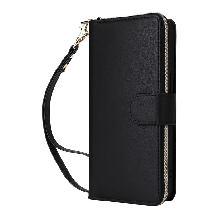 R20 For iPhone 13 Pro Max Case Zipper Wallet Phone Leather Cover with Hand Strap - Black - 6