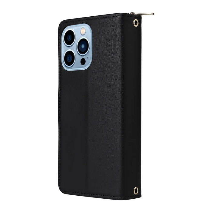 R20 For iPhone 13 Pro Max Case Zipper Wallet Phone Leather Cover with Hand Strap - Black - 7