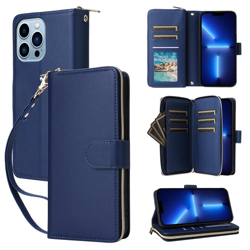 R20 For iPhone 13 Pro Case Zipper Pocket PU Leather Cover with 9 Card Slots - Blue - 1