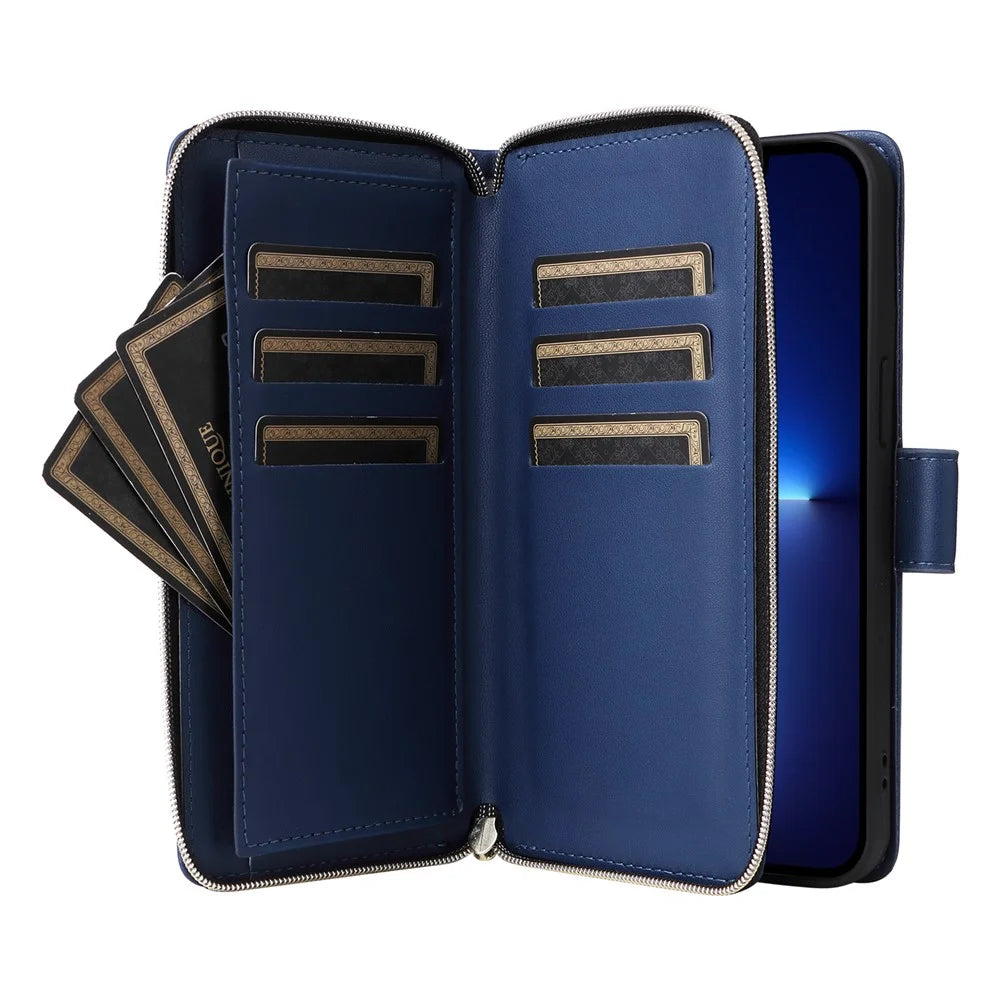 R20 For iPhone 13 Pro Case Zipper Pocket PU Leather Cover with 9 Card Slots - Blue - 3