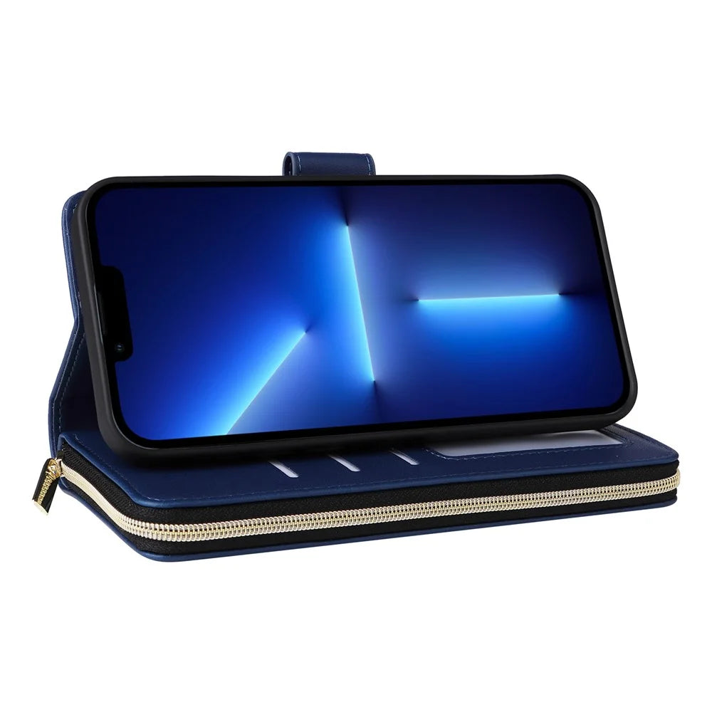 R20 For iPhone 13 Pro Case Zipper Pocket PU Leather Cover with 9 Card Slots - Blue - 4